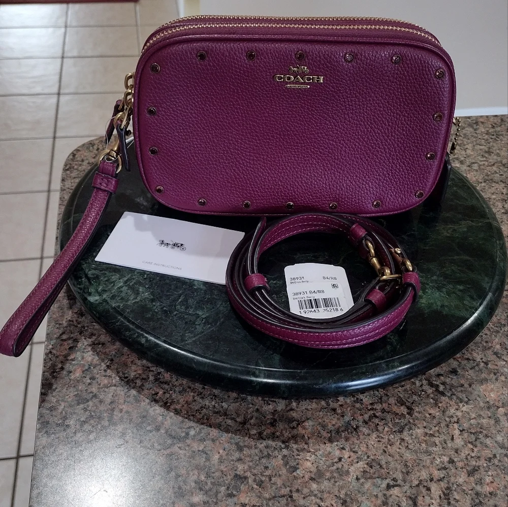 NWT Coach Cristal Border Rivets Dark Berry Crossbody / Clutch in Pebble …